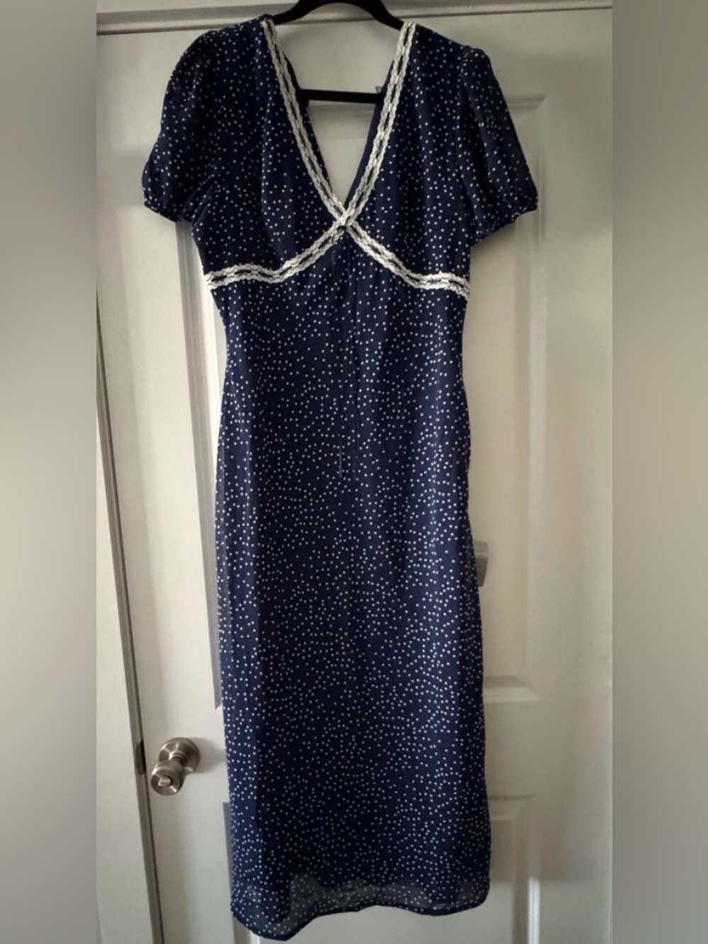 LUSH Navy Polka Dot Midi Dress with Lace Trim